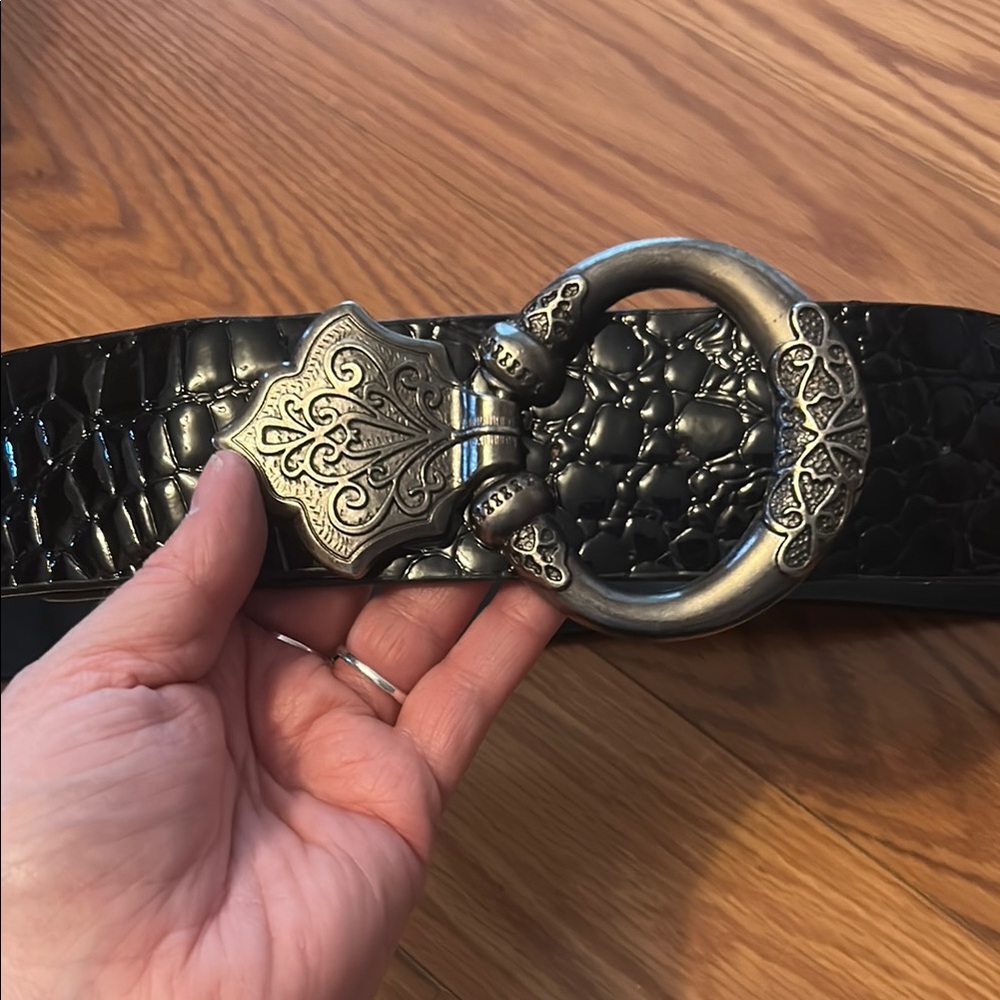 Black Croc Embossed Belt with Silver Buckle